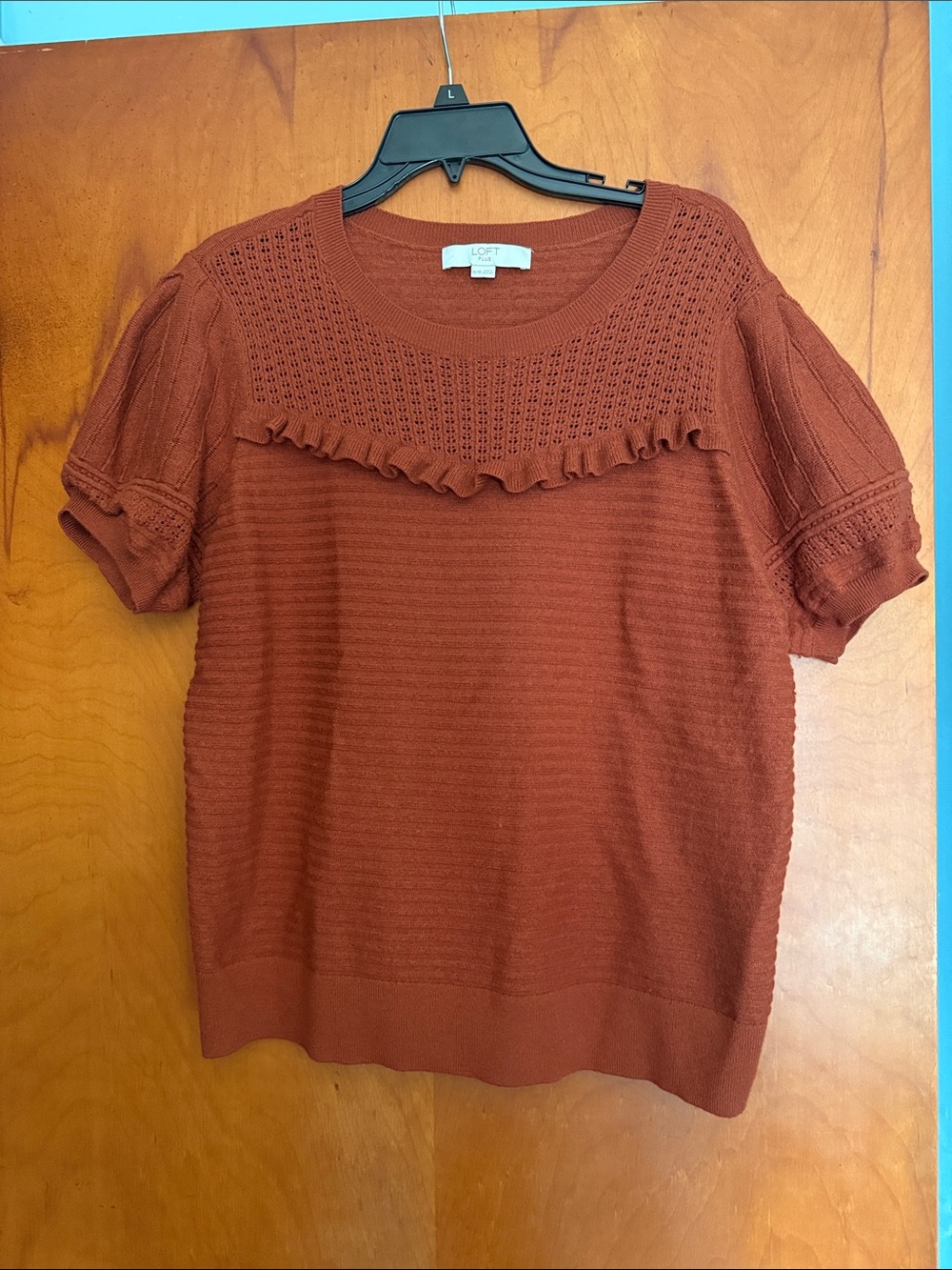 LOFT Brick Rust Short Sleeve Ruffle Yoke Knit Top